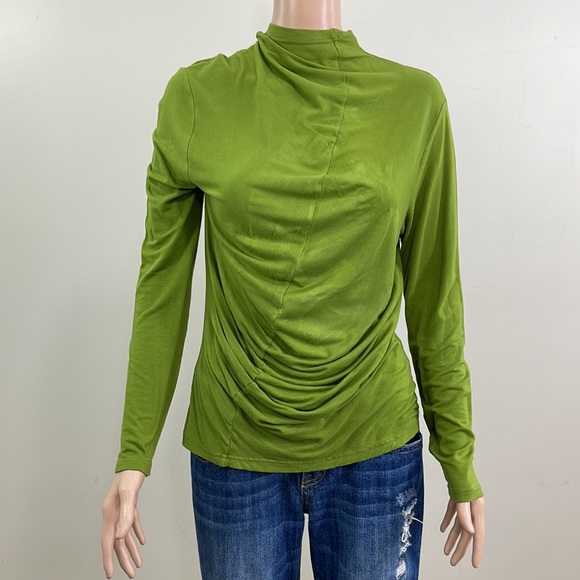 Soft Shirred-Seam Asparagus Draped Mock Neck Ruched Long Sleeve Top - Picture 6 of 16